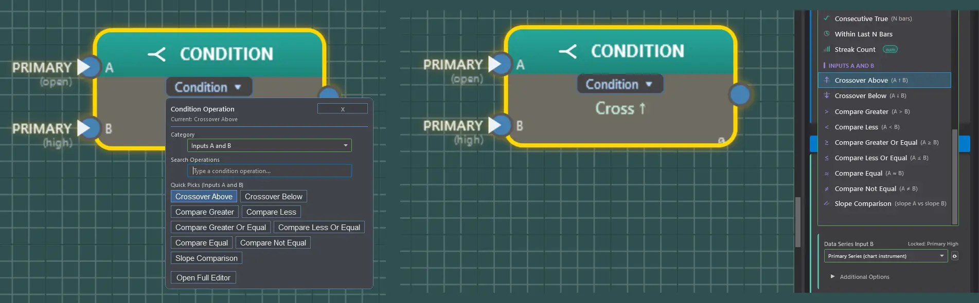 Fusion Builder Condition block operation picker showing the quick-pick list and the properties panel operation dropdown with comparison glyphs