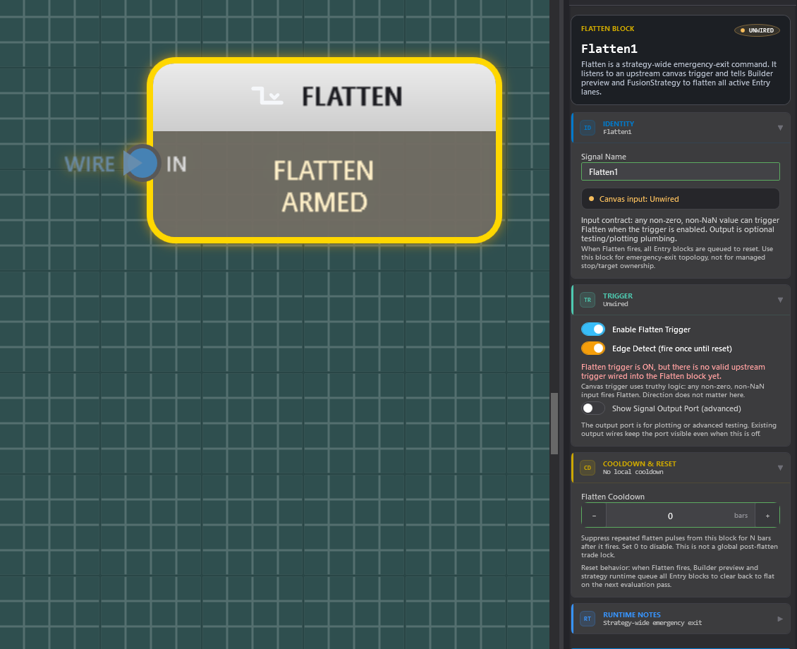 Fusion Builder Flatten block armed with its properties panel showing the trigger, edge detect, cooldown, and emergency-exit scope notes
