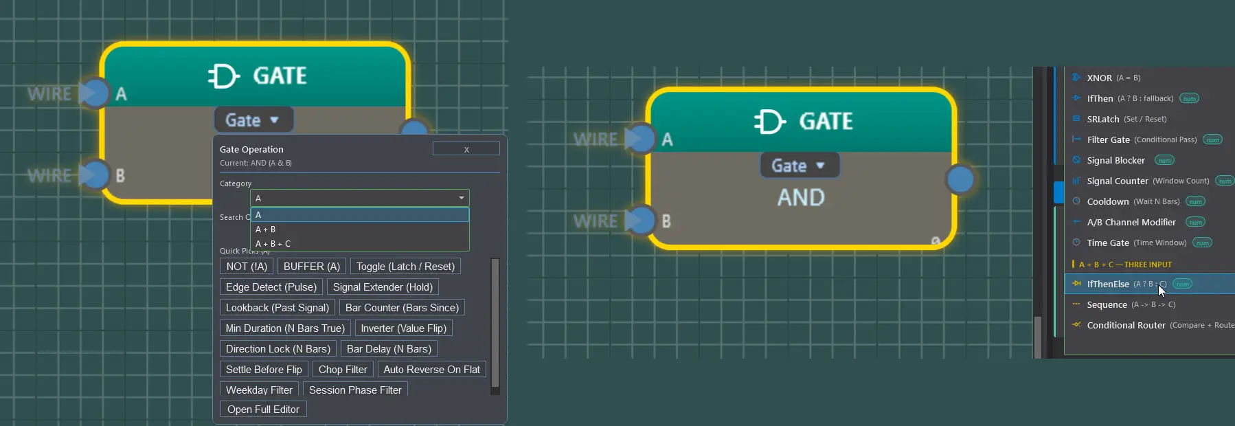 Fusion Builder Gate block operation picker showing single-input quick picks with the input-count categories and the properties panel list with logic notation including three-input gates