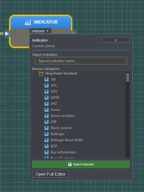 Fusion Builder Indicator block browser listing standard NinjaTrader indicators for dynamic selection