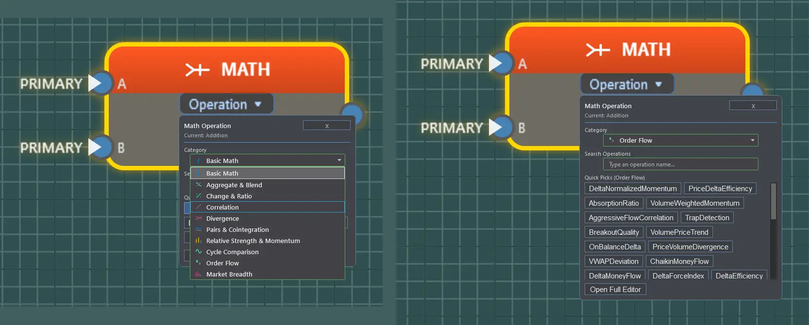 Fusion Builder Math block operation picker showing ten math categories and the Order Flow quick-pick operation list