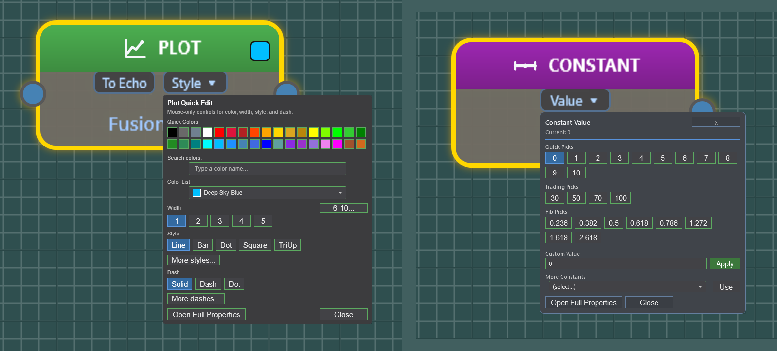 Fusion Builder Plot block quick style editor and Constant block quick value picks including Fibonacci levels