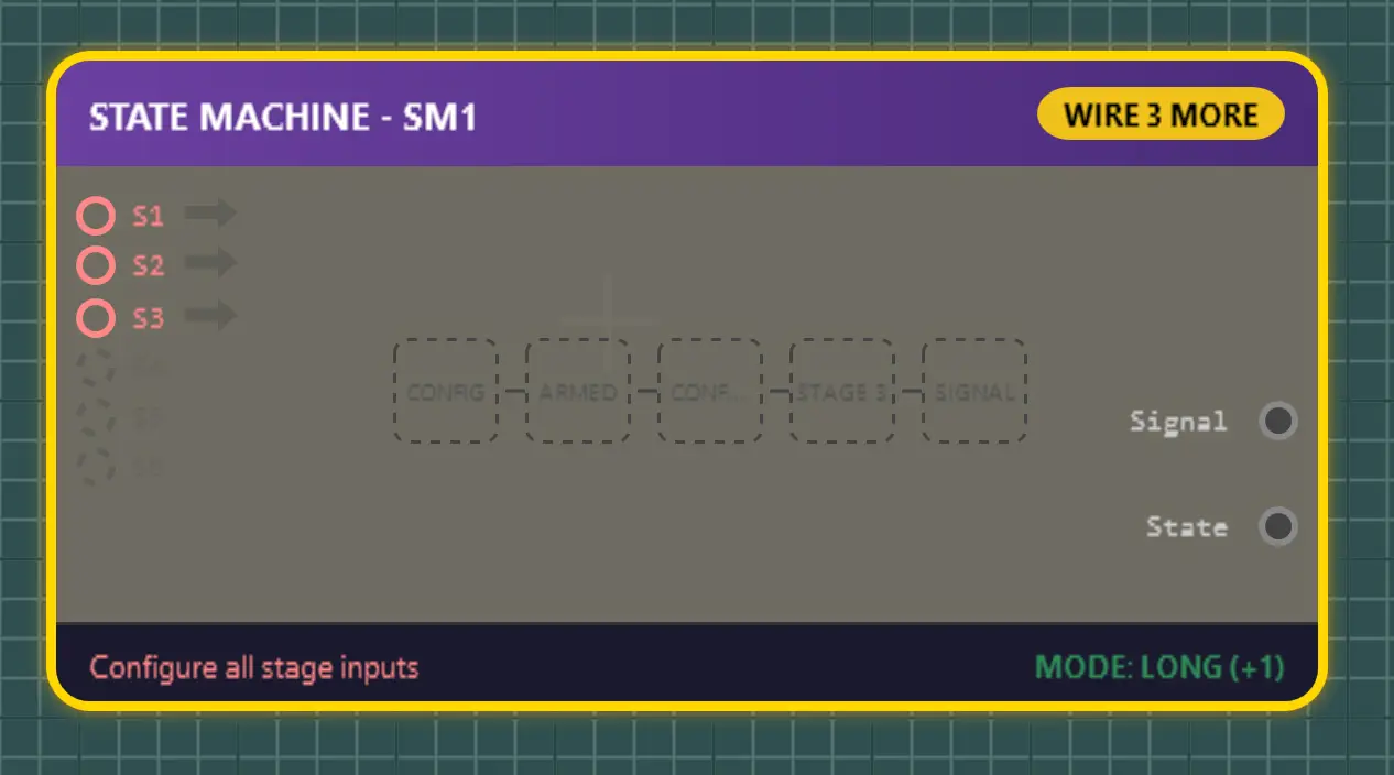 Fusion Builder State Machine block with six stage inputs, a stage pipeline, Signal and State outputs, and a directional mode footer