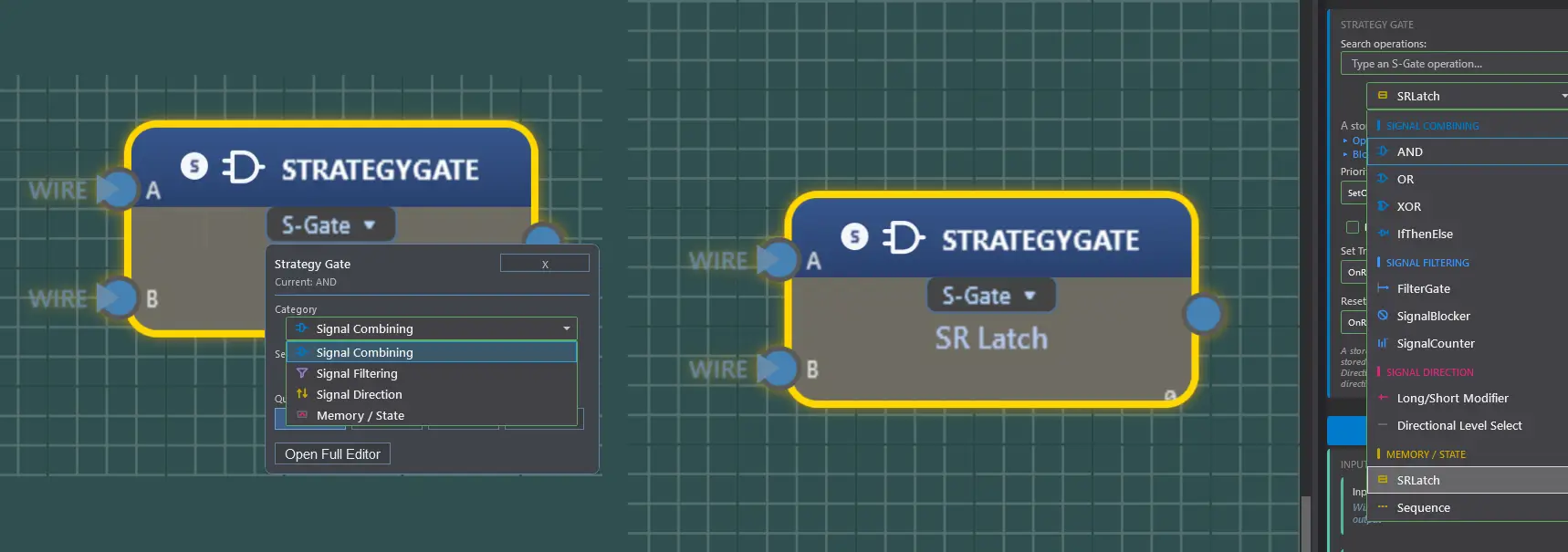 Fusion Builder Strategy Gate block picker showing the four operation categories and the grouped operation list including signal direction and memory state gates