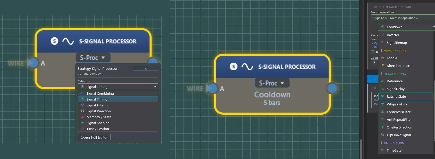 Fusion Builder Strategy Signal Processor block picker showing seven signal categories and the grouped operation list with a configured Cooldown block