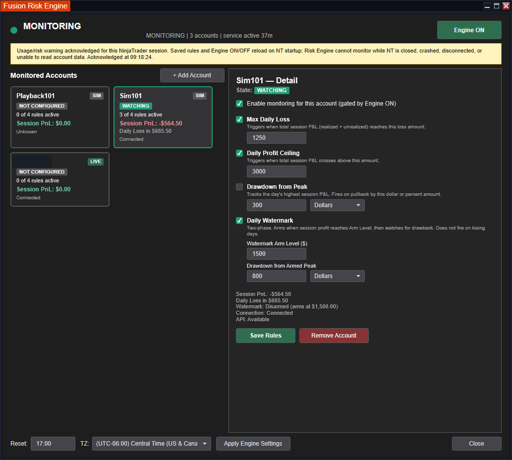 Fusion Risk Engine monitoring window with per-account max daily loss, daily profit ceiling, drawdown from peak, and daily watermark rules across multiple accounts