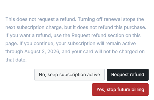 Refund request popup after toggling Auto renew