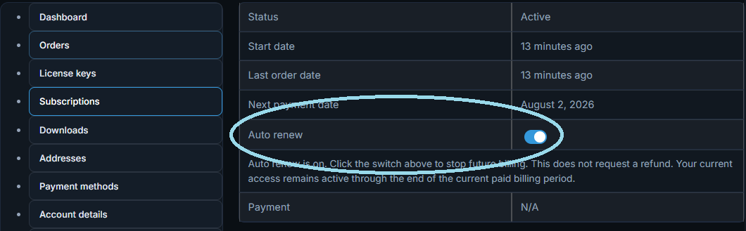 Auto renew toggle switch to cancel subscription